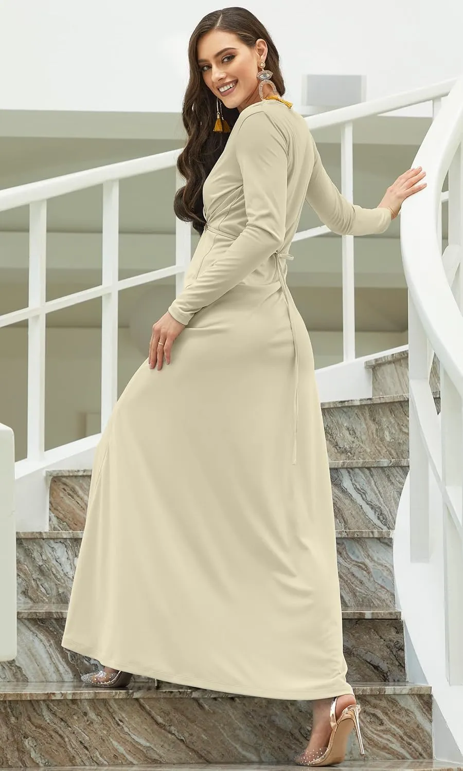 KOH KOH Sleeve Kaftan V-Neck Flowy Formal Winter Gowns