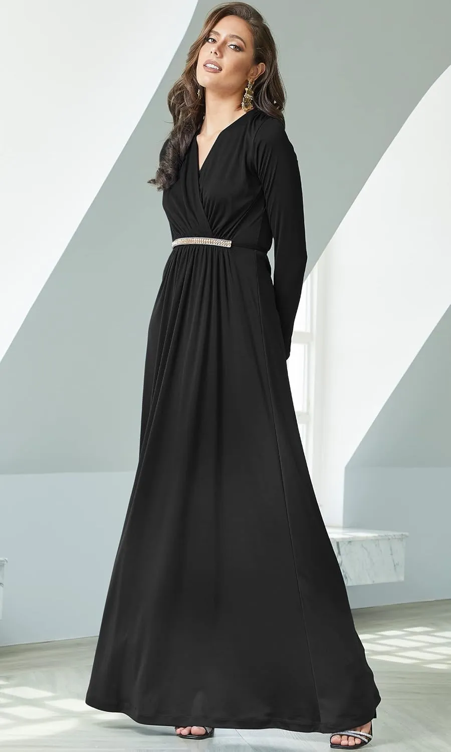 KOH KOH Sleeve Kaftan V-Neck Flowy Formal Winter Gowns