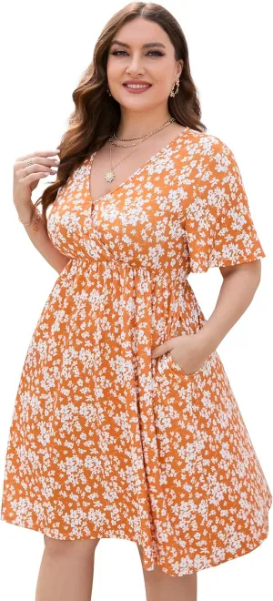 KOJOOIN Plus Size Summer Dress Women's V Neck Short Sleeve A Line Flowy Midi Dresses Plus Size Floral Party Dress