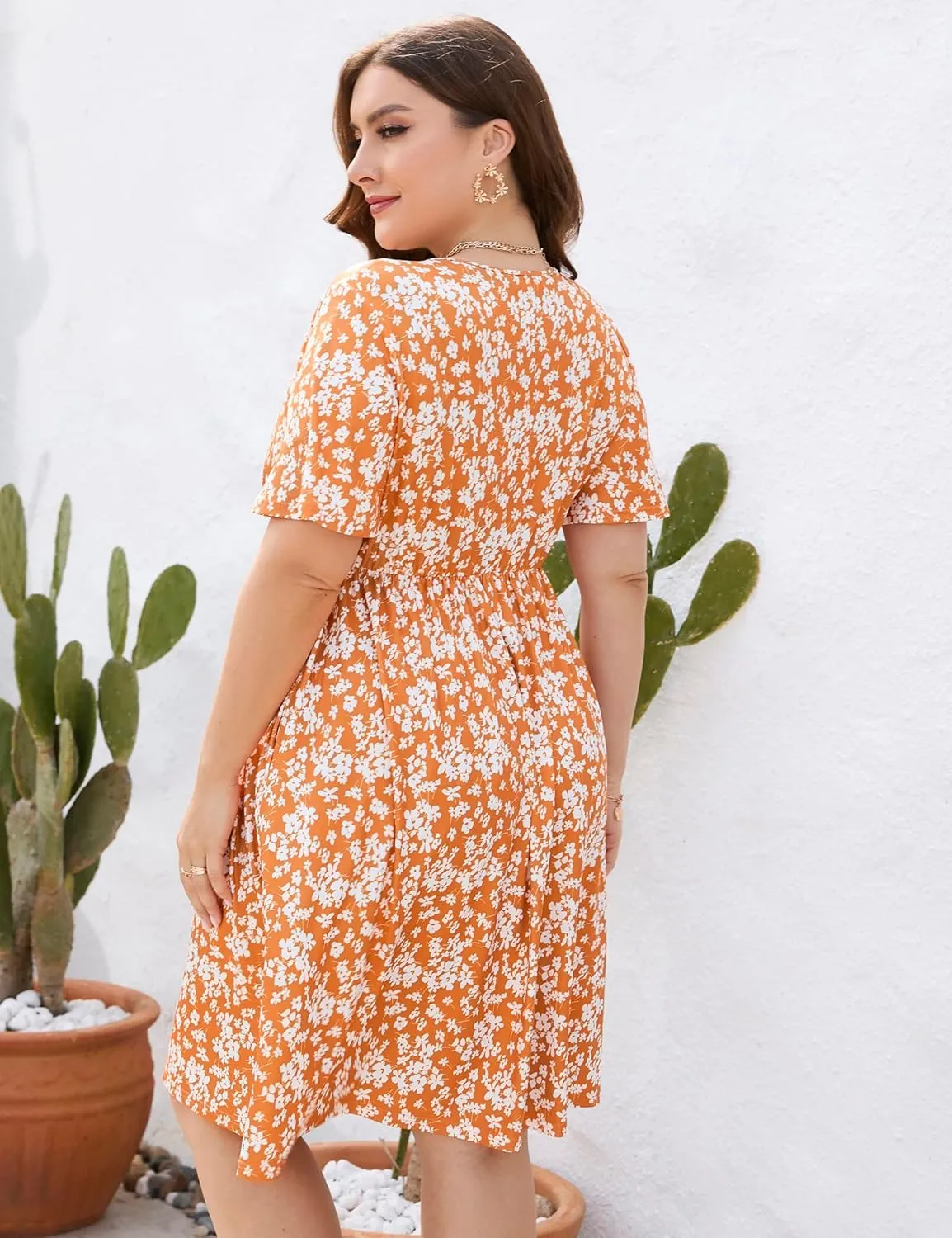 KOJOOIN Plus Size Summer Dress Women's V Neck Short Sleeve A Line Flowy Midi Dresses Plus Size Floral Party Dress