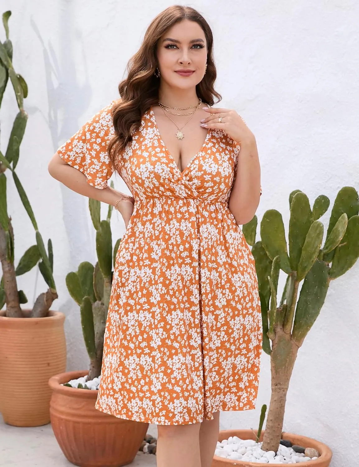 KOJOOIN Plus Size Summer Dress Women's V Neck Short Sleeve A Line Flowy Midi Dresses Plus Size Floral Party Dress