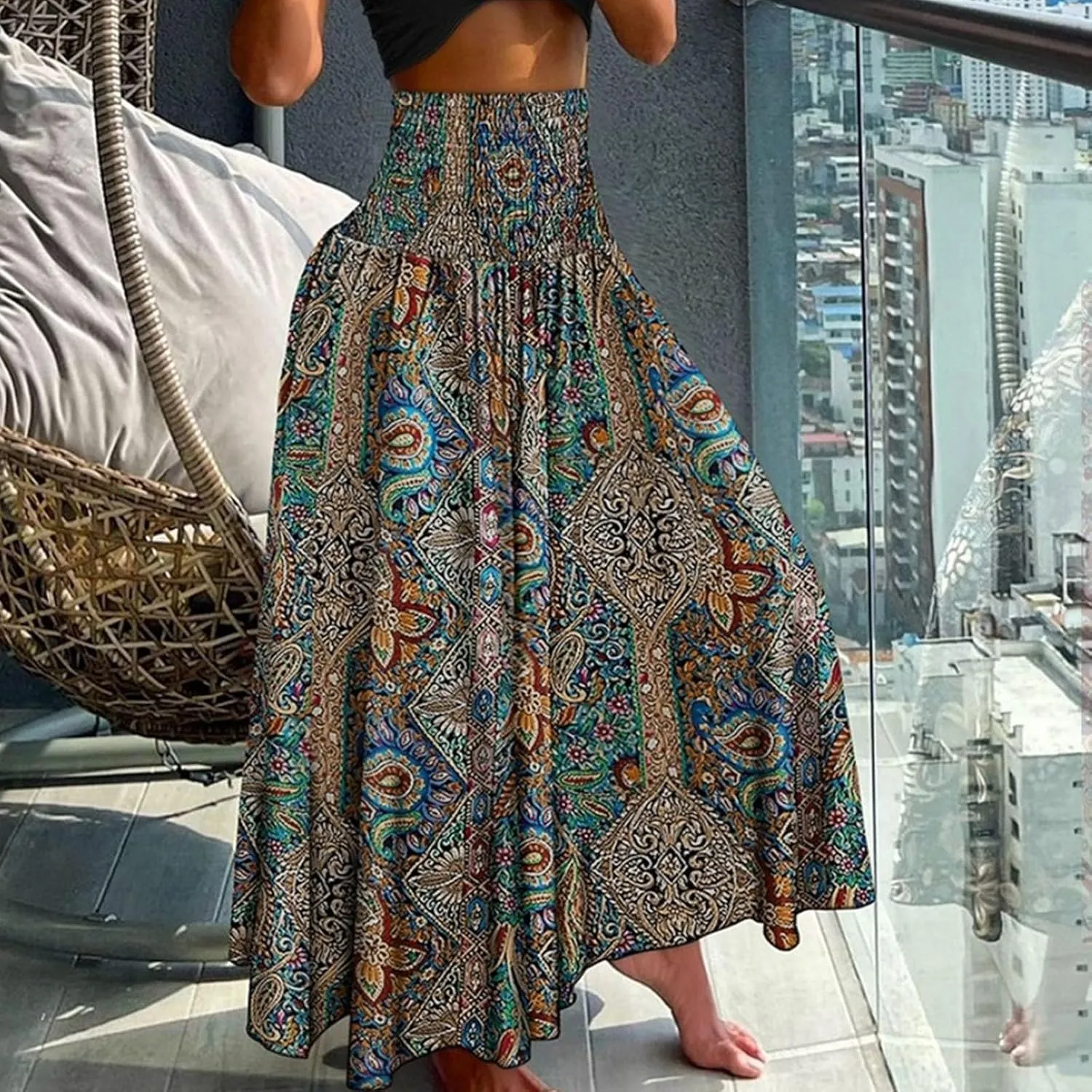 Ladies Boho Maxi Skirts Summer Beach Flowy Tiered High Waist A-Line Skirt Vintage Bohemian Mexico Vacation Outfits for Women