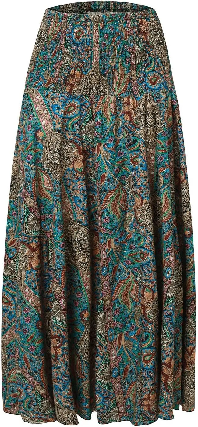 Ladies Boho Maxi Skirts Summer Beach Flowy Tiered High Waist A-Line Skirt Vintage Bohemian Mexico Vacation Outfits for Women