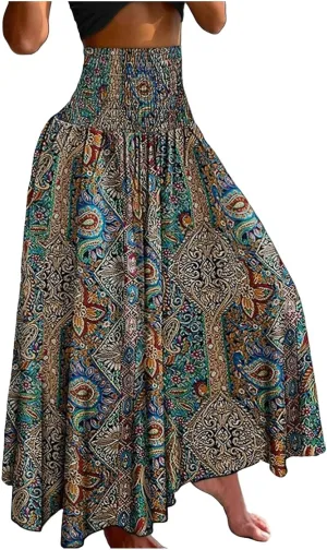 Ladies Boho Maxi Skirts Summer Beach Flowy Tiered High Waist A-Line Skirt Vintage Bohemian Mexico Vacation Outfits for Women