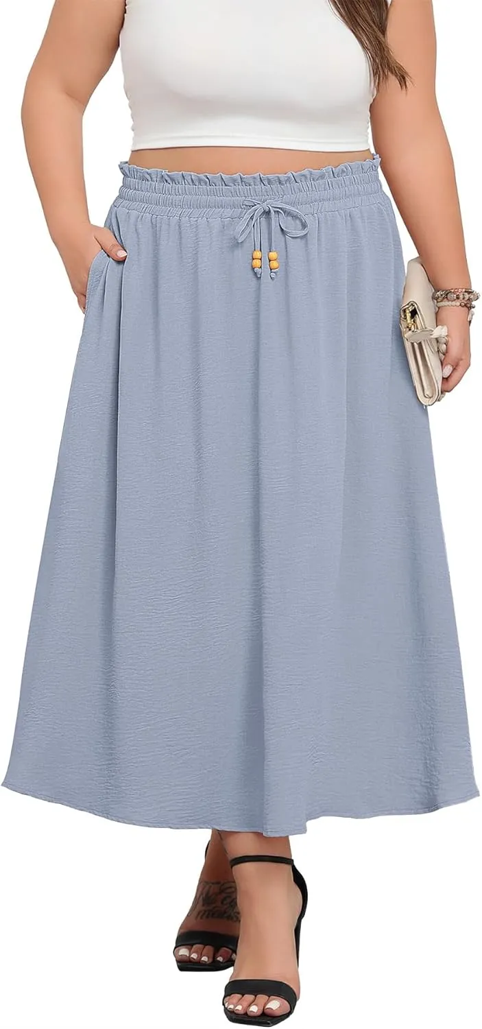 Lastshe Plus Size Maxi Skirts for Women Summer A-line Long Skirt with Pockets