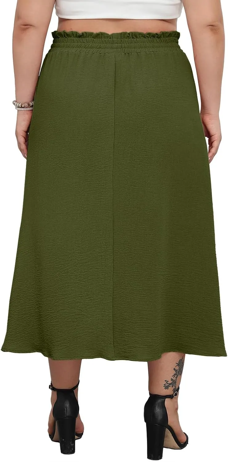 Lastshe Plus Size Maxi Skirts for Women Summer Boho Pleated Elastic High Waist A-line Long Skirt with Pockets