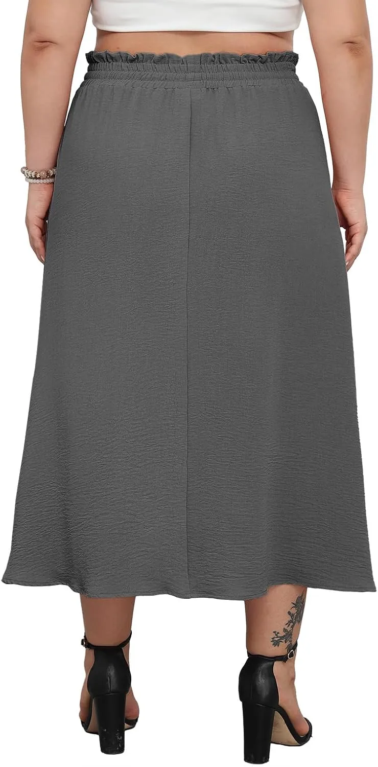 Lastshe Plus Size Maxi Skirts for Women Summer Boho Pleated Elastic High Waist A-line Long Skirt with Pockets