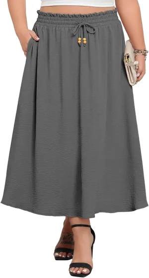 Lastshe Plus Size Maxi Skirts for Women Summer Boho Pleated Elastic High Waist A-line Long Skirt with Pockets