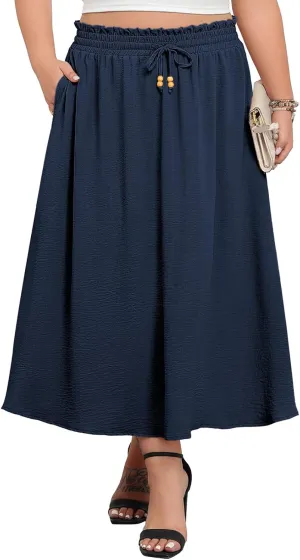 Lastshe Plus Size Maxi Skirts for Women Summer Boho Pleated Elastic High Waist A-line Long Skirt with Pockets