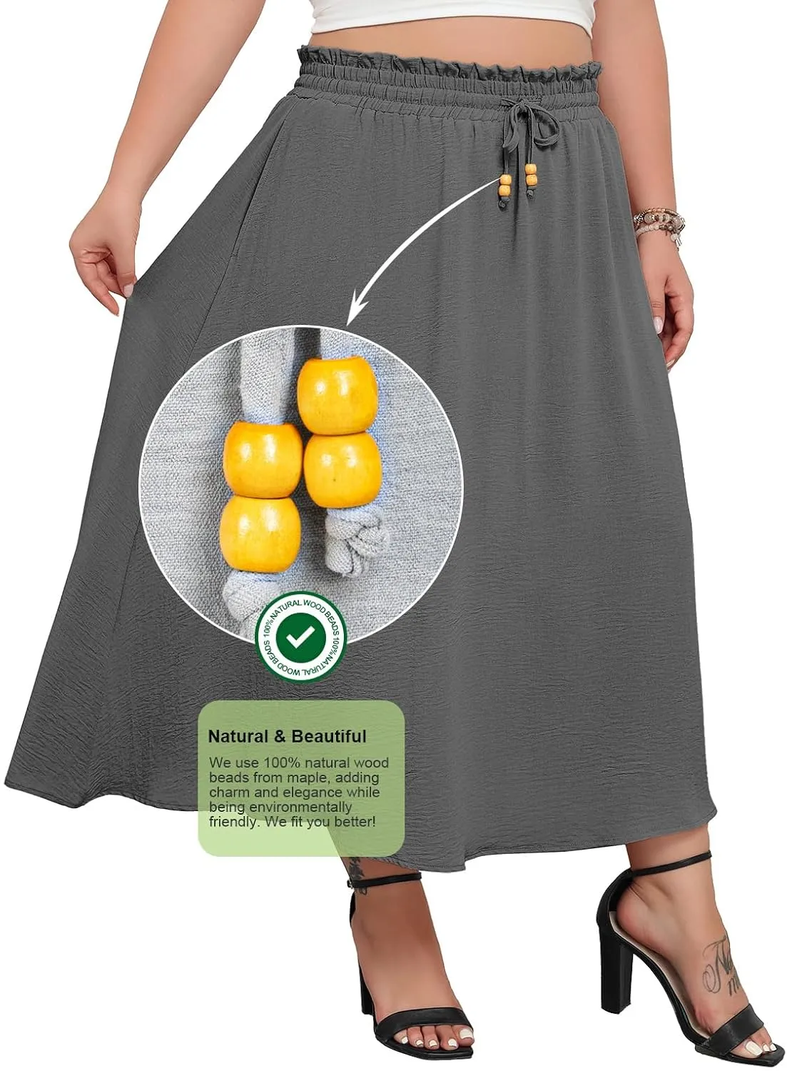 Lastshe Plus Size Maxi Skirts for Women Summer Boho Pleated Elastic High Waist A-line Long Skirt with Pockets