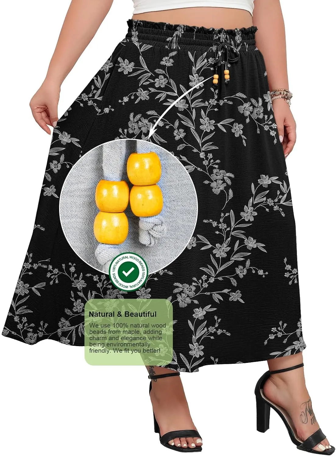 Lastshe Plus Size Maxi Skirts for Women Summer Boho Pleated Elastic High Waist A-line Long Skirt with Pockets