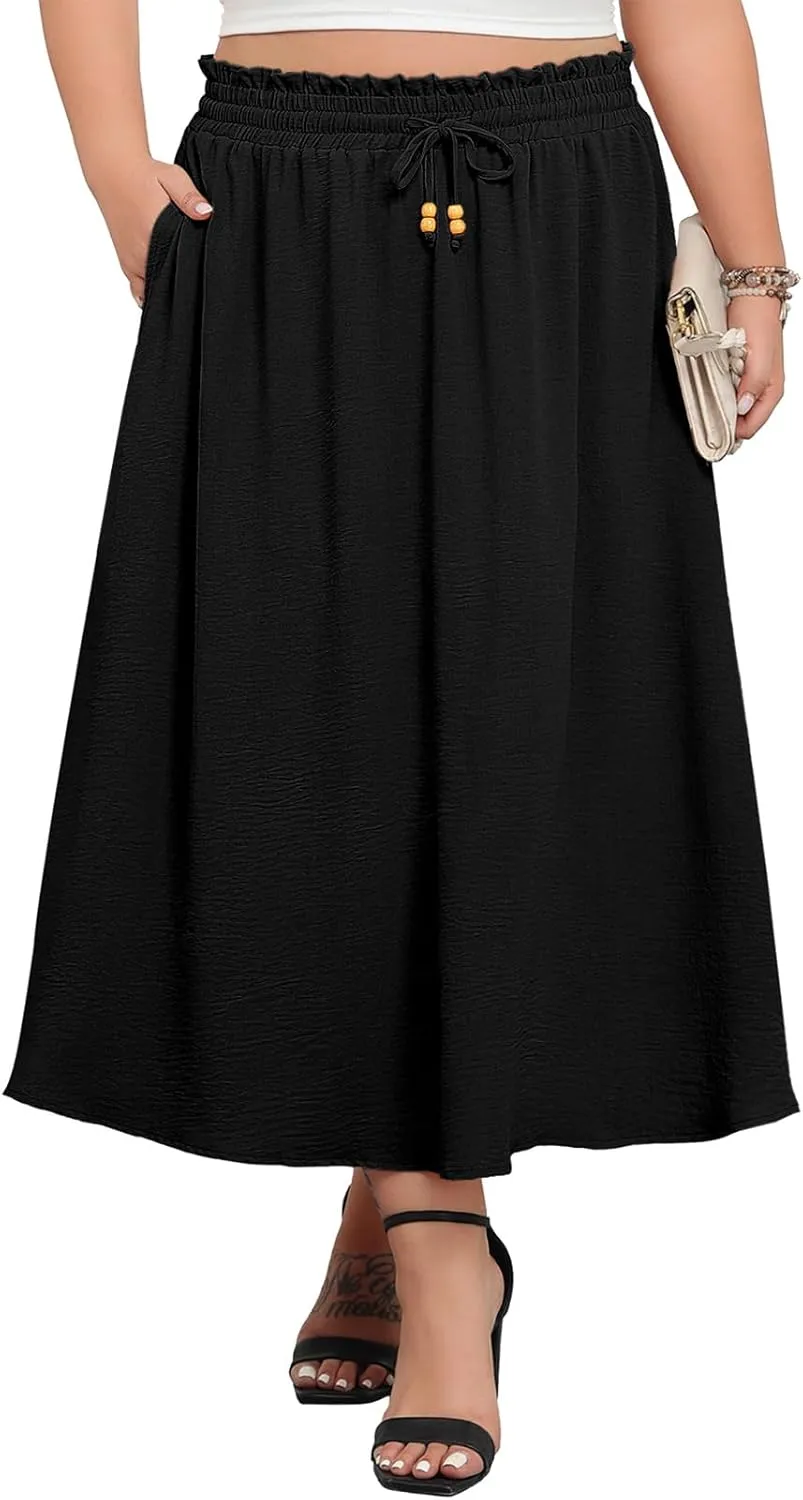 Lastshe Plus Size Maxi Skirts for Women Summer Boho Pleated Elastic High Waist A-line Long Skirt with Pockets