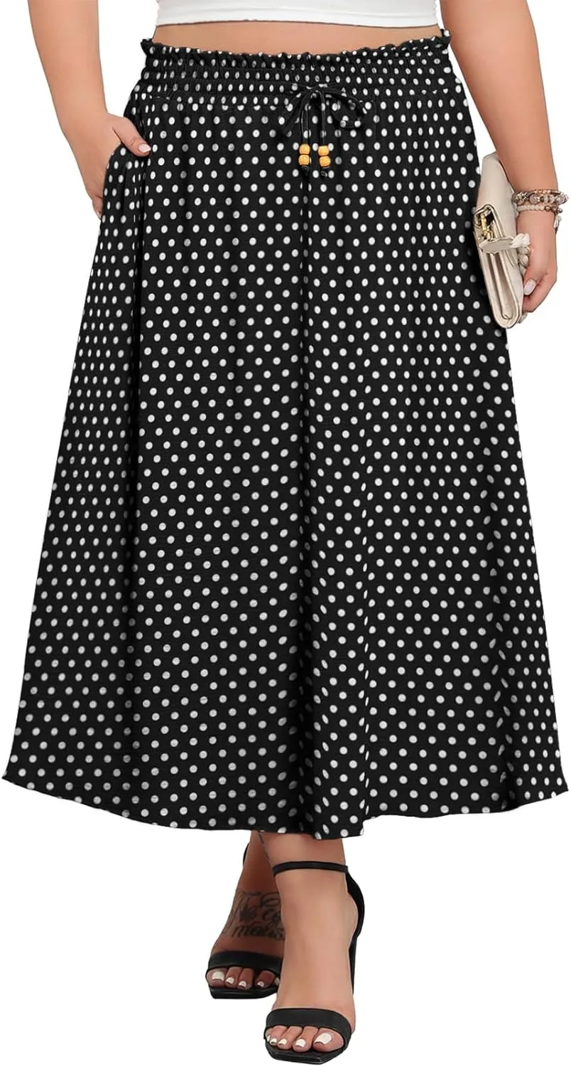 Lastshe Plus Size Maxi Skirts for Women Summer Boho Pleated Elastic High Waist A-line Long Skirt with Pockets