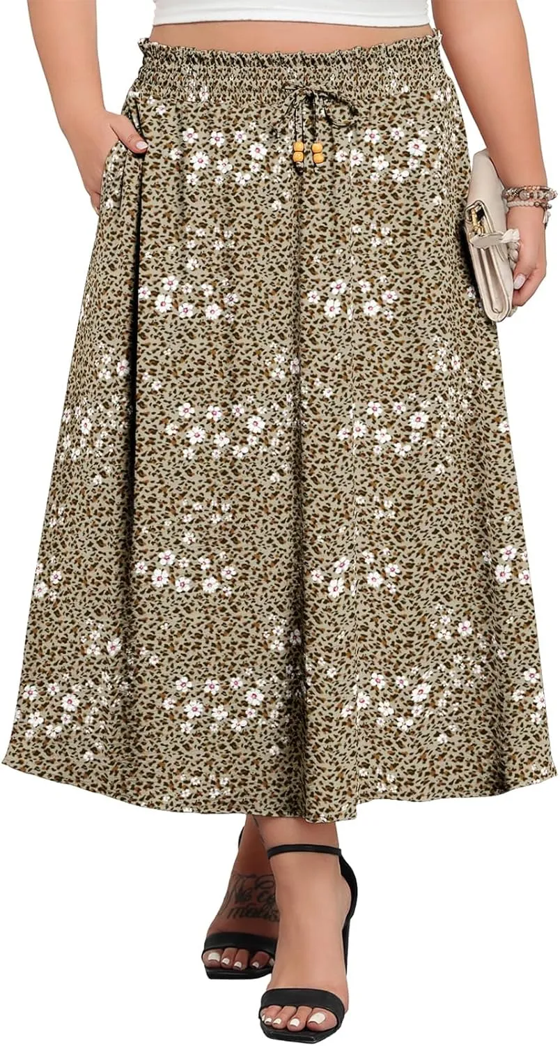 Lastshe Plus Size Maxi Skirts for Women Summer Boho Pleated Elastic High Waist A-line Long Skirt with Pockets