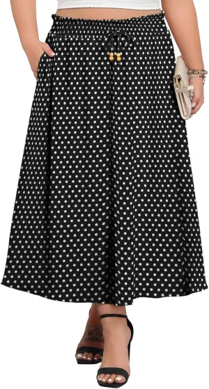 Lastshe Plus Size Maxi Skirts for Women Summer Boho Pleated Elastic High Waist A-line Long Skirt with Pockets