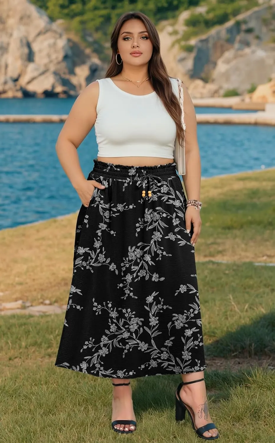Lastshe Plus Size Maxi Skirts for Women Summer Boho Pleated Elastic High Waist A-line Long Skirt with Pockets