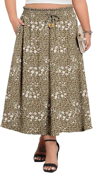 Lastshe Plus Size Maxi Skirts for Women Summer Boho Pleated Elastic High Waist A-line Long Skirt with Pockets