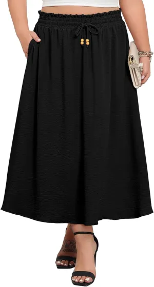 Lastshe Plus Size Maxi Skirts for Women Summer Boho Pleated Elastic High Waist A-line Long Skirt with Pockets