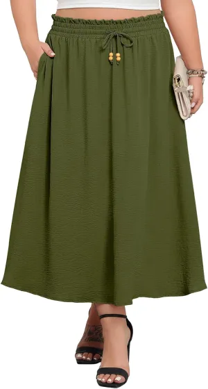 Lastshe Plus Size Maxi Skirts for Women Summer Boho Pleated Elastic High Waist A-line Long Skirt with Pockets