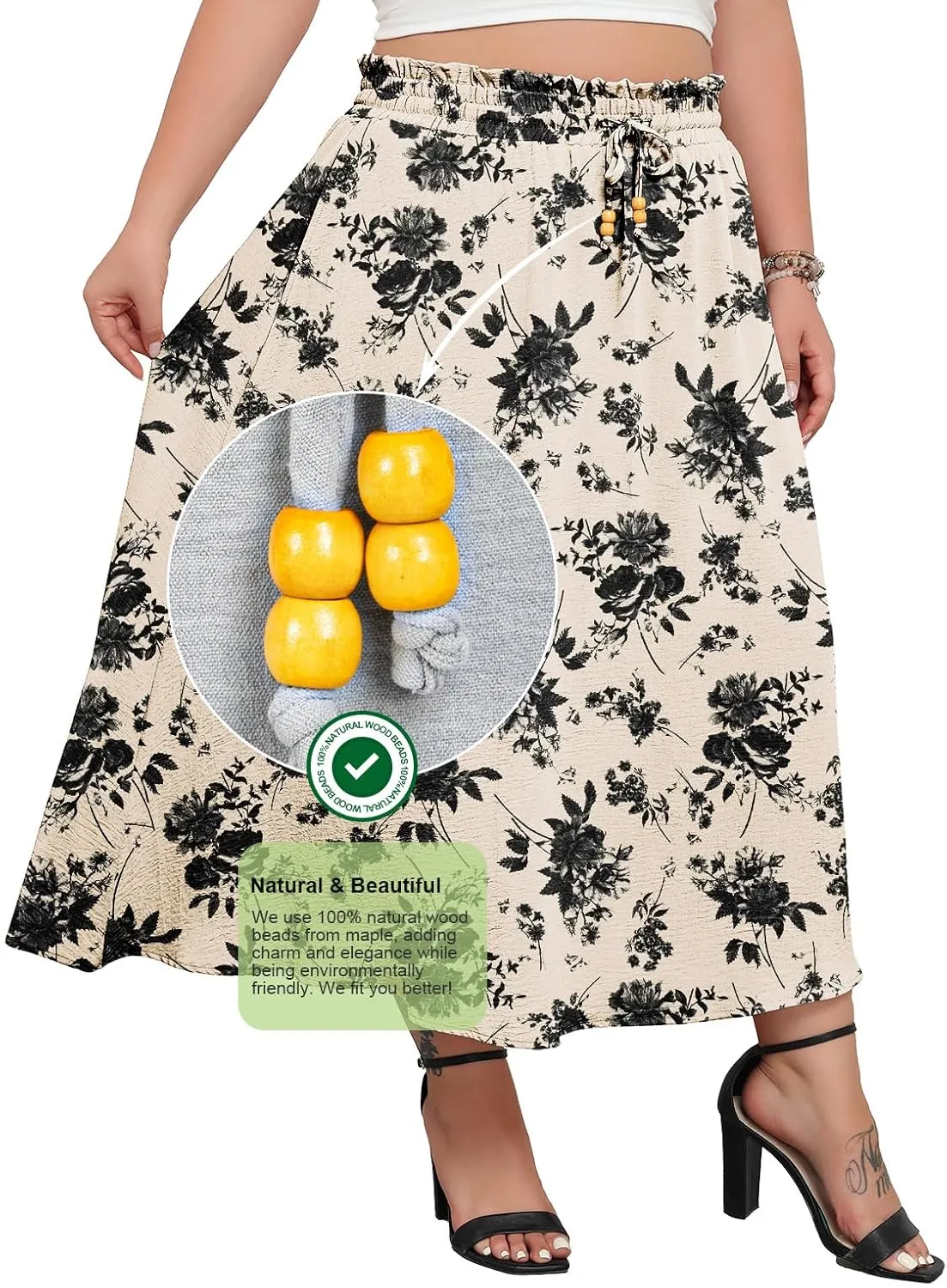 Lastshe Plus Size Maxi Skirts for Women Summer Boho Pleated Elastic High Waist A-line Long Skirt with Pockets