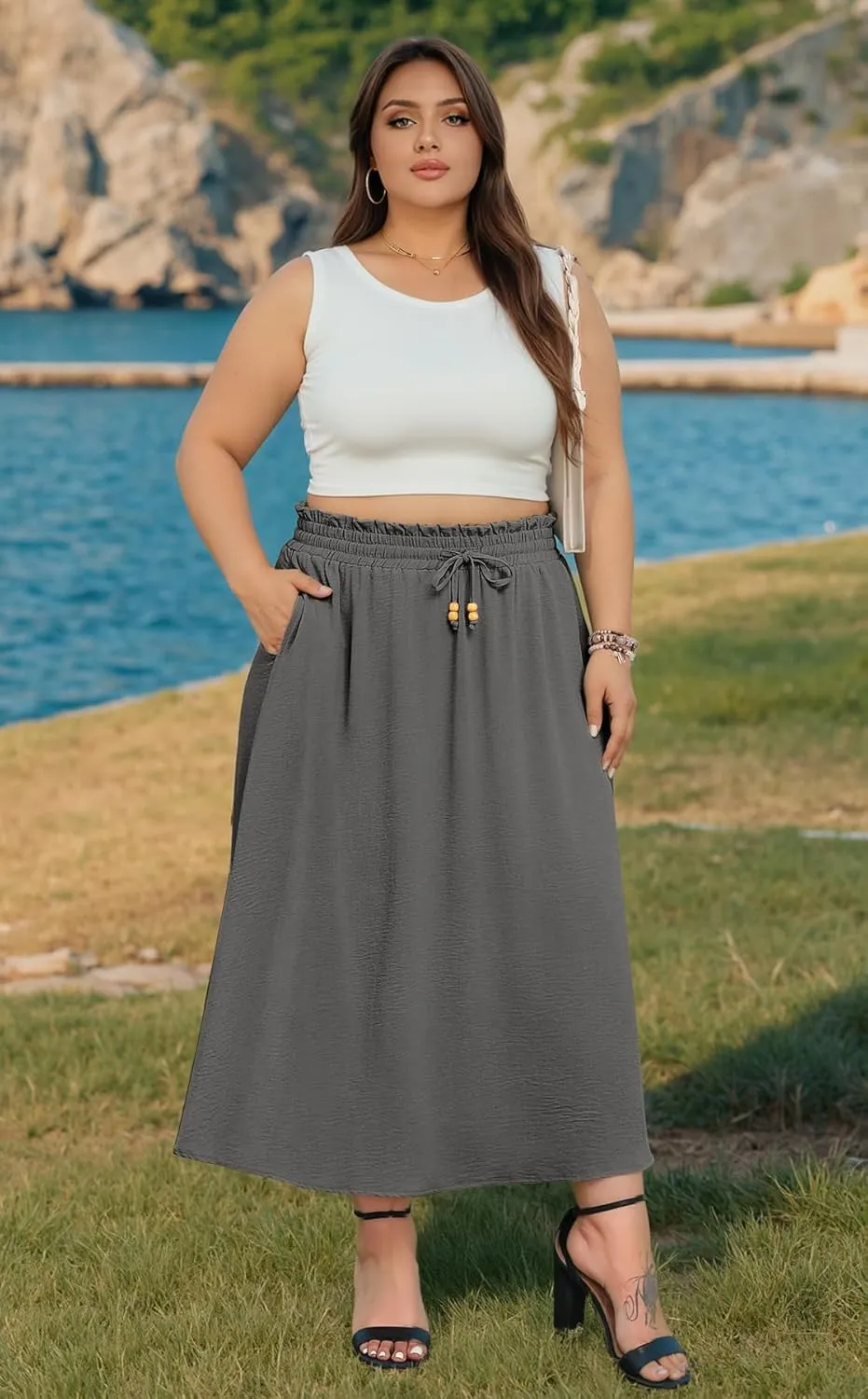 Lastshe Plus Size Maxi Skirts for Women Summer Boho Pleated Elastic High Waist A-line Long Skirt with Pockets
