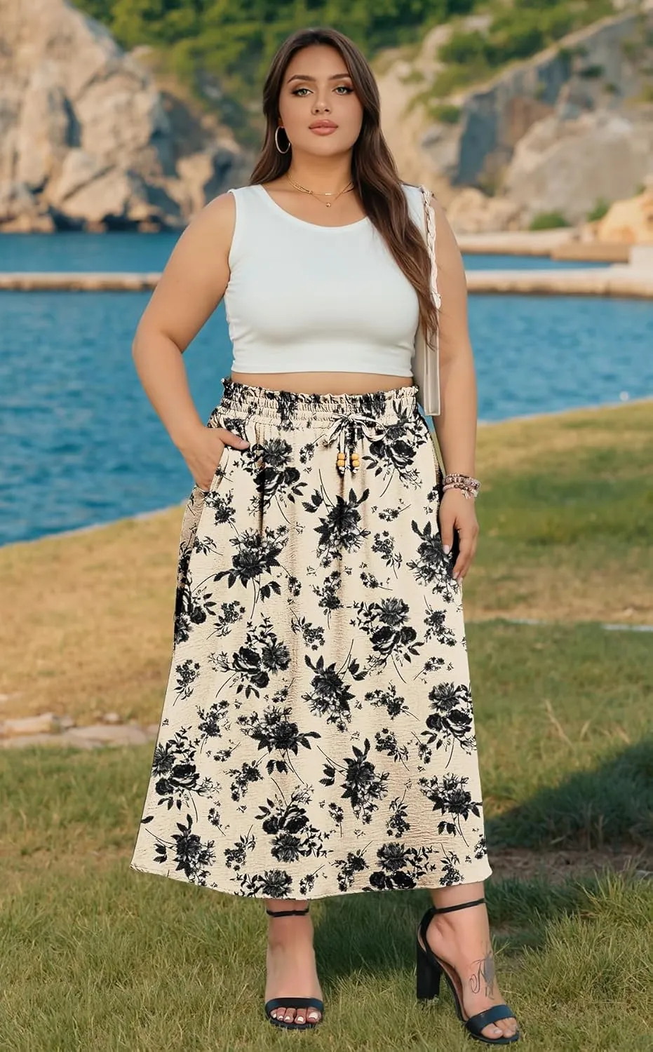 Lastshe Plus Size Maxi Skirts for Women Summer Boho Pleated Elastic High Waist A-line Long Skirt with Pockets