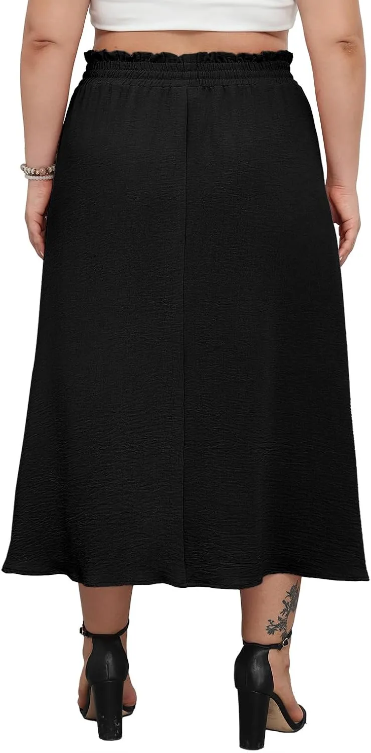 Lastshe Plus Size Maxi Skirts for Women Summer Boho Pleated Elastic High Waist A-line Long Skirt with Pockets