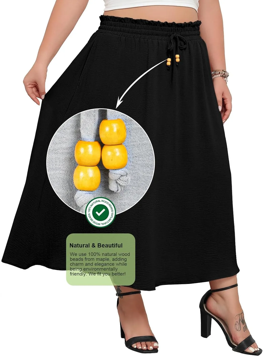 Lastshe Plus Size Maxi Skirts for Women Summer Boho Pleated Elastic High Waist A-line Long Skirt with Pockets