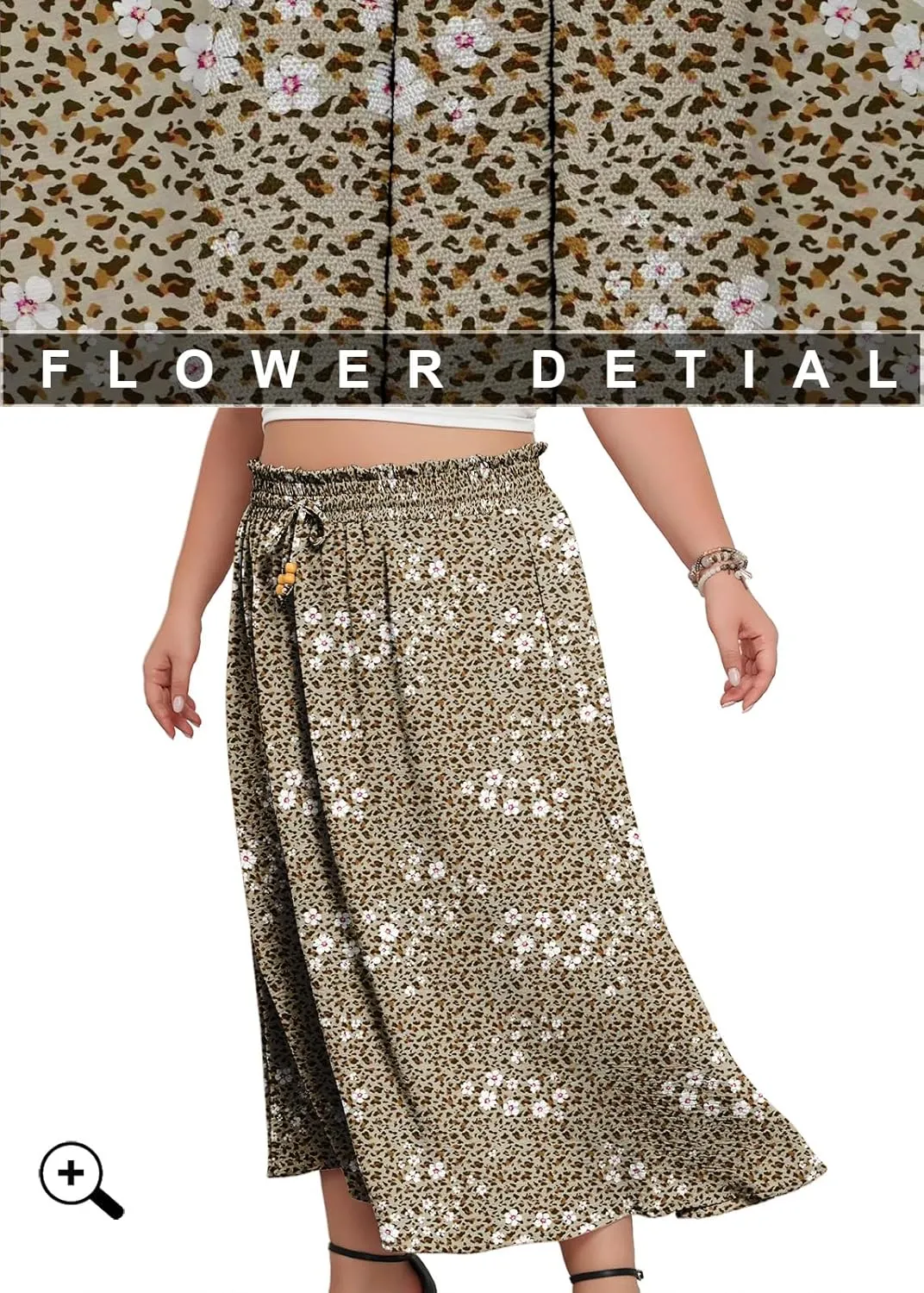 Lastshe Plus Size Maxi Skirts for Women Summer Boho Pleated Elastic High Waist A-line Long Skirt with Pockets