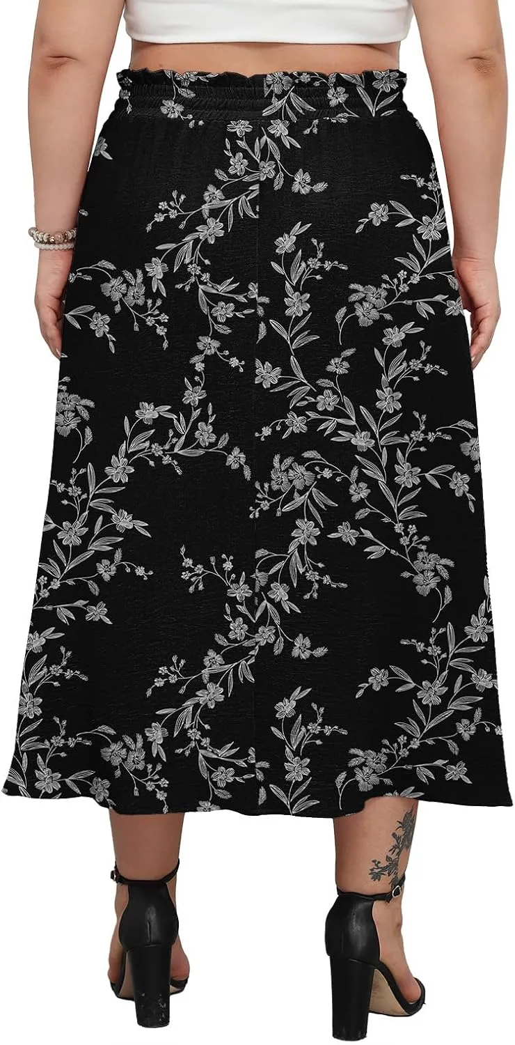 Lastshe Plus Size Maxi Skirts for Women Summer Boho Pleated Elastic High Waist A-line Long Skirt with Pockets
