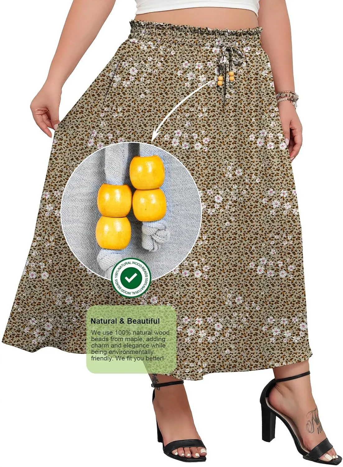 Lastshe Plus Size Maxi Skirts for Women Summer Boho Pleated Elastic High Waist A-line Long Skirt with Pockets