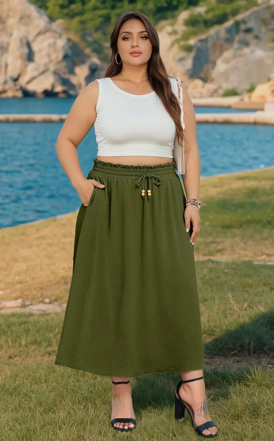 Lastshe Plus Size Maxi Skirts for Women Summer Boho Pleated Elastic High Waist A-line Long Skirt with Pockets