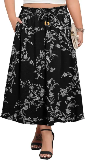 Lastshe Plus Size Maxi Skirts for Women Summer Boho Pleated Elastic High Waist A-line Long Skirt with Pockets