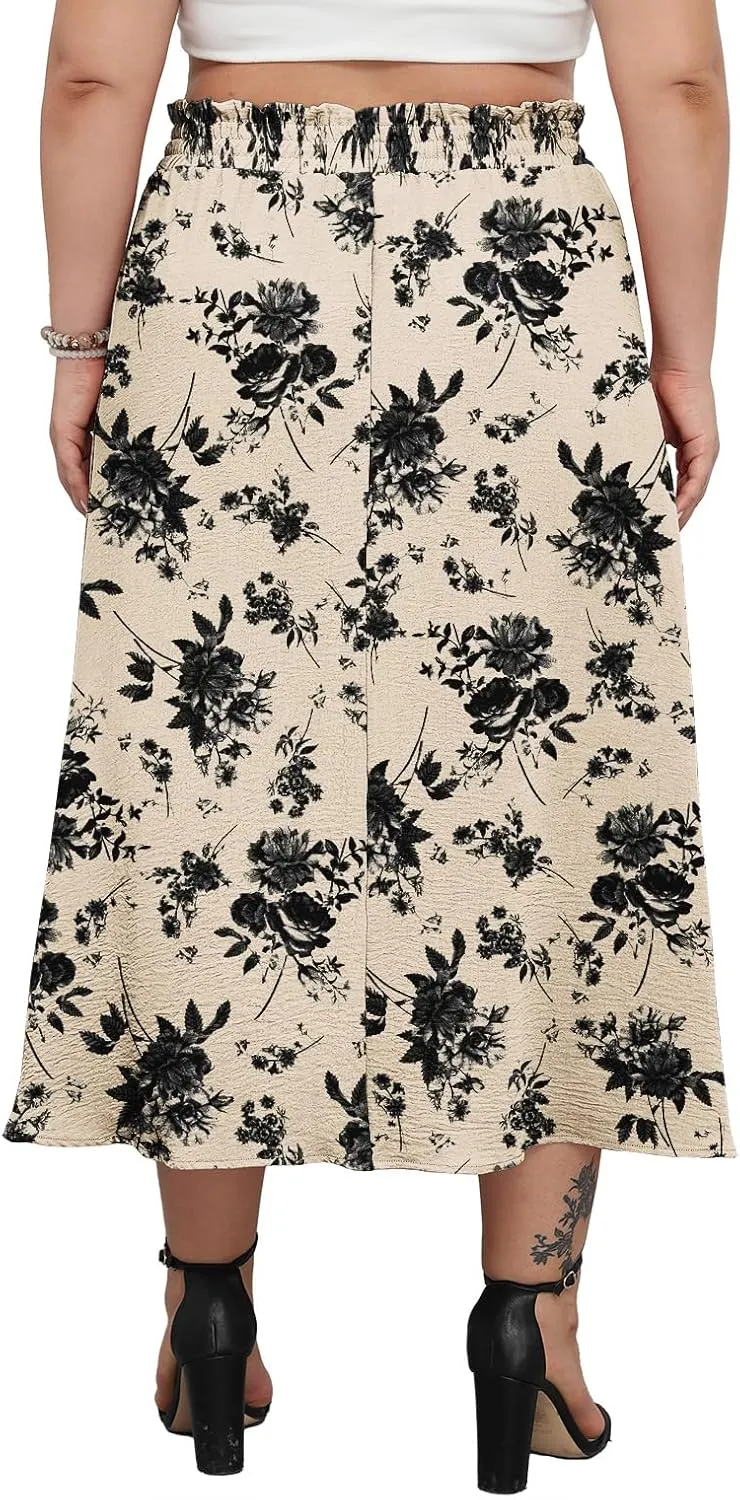 Lastshe Plus Size Maxi Skirts for Women Summer Boho Pleated Elastic High Waist A-line Long Skirt with Pockets