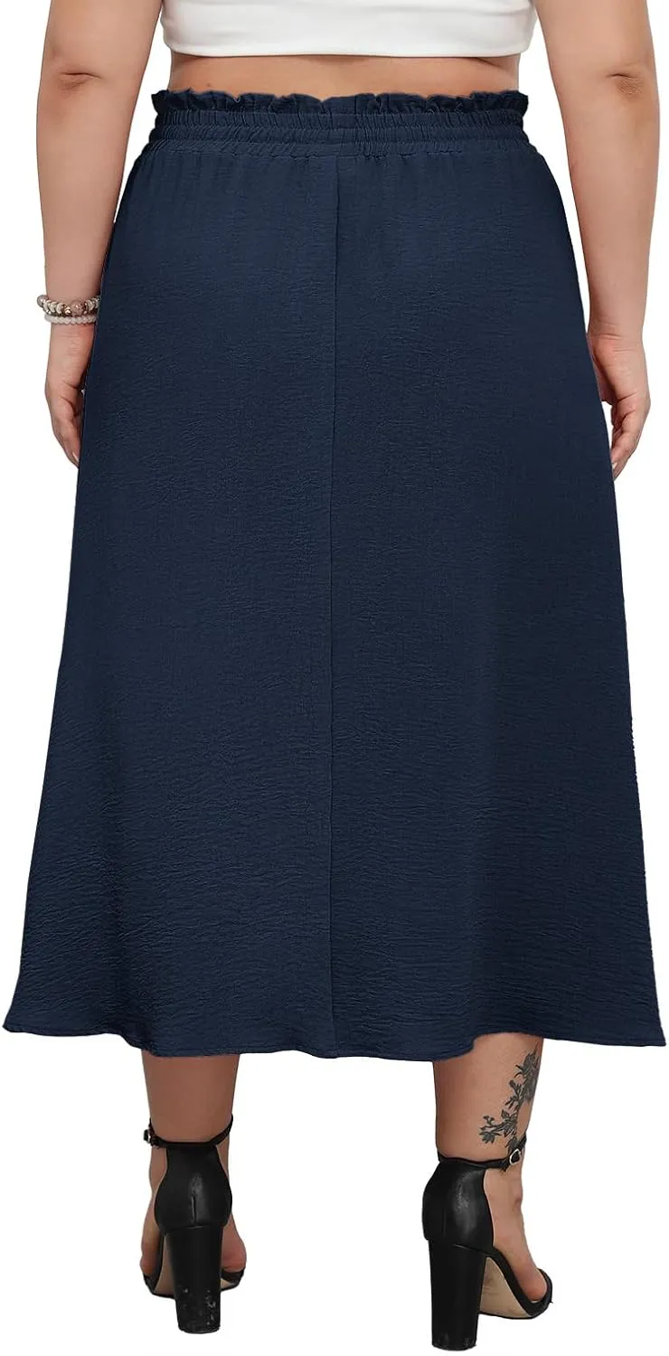 Lastshe Plus Size Maxi Skirts for Women Summer Boho Pleated Elastic High Waist A-line Long Skirt with Pockets