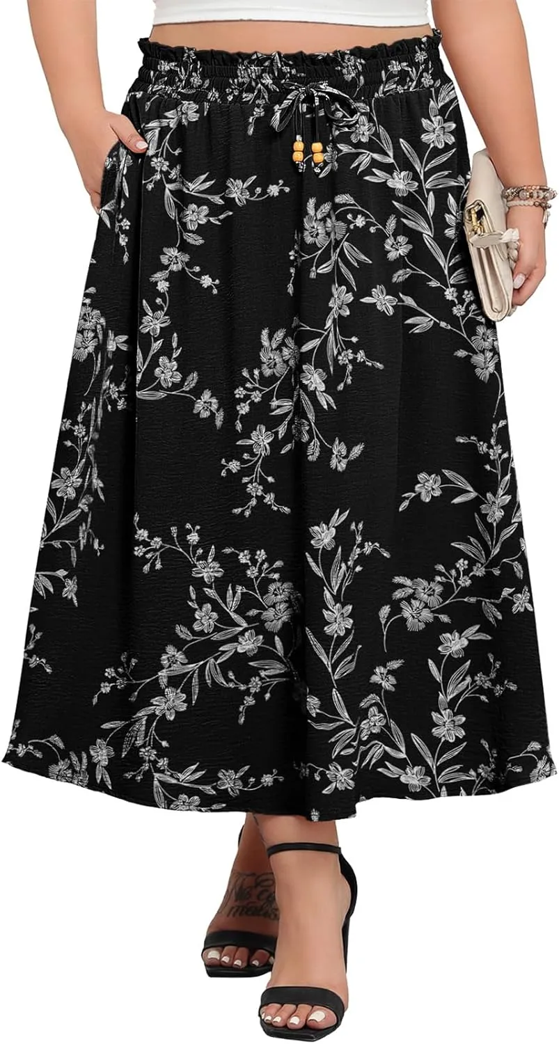 Lastshe Plus Size Maxi Skirts for Women Summer Boho Pleated Elastic High Waist A-line Long Skirt with Pockets
