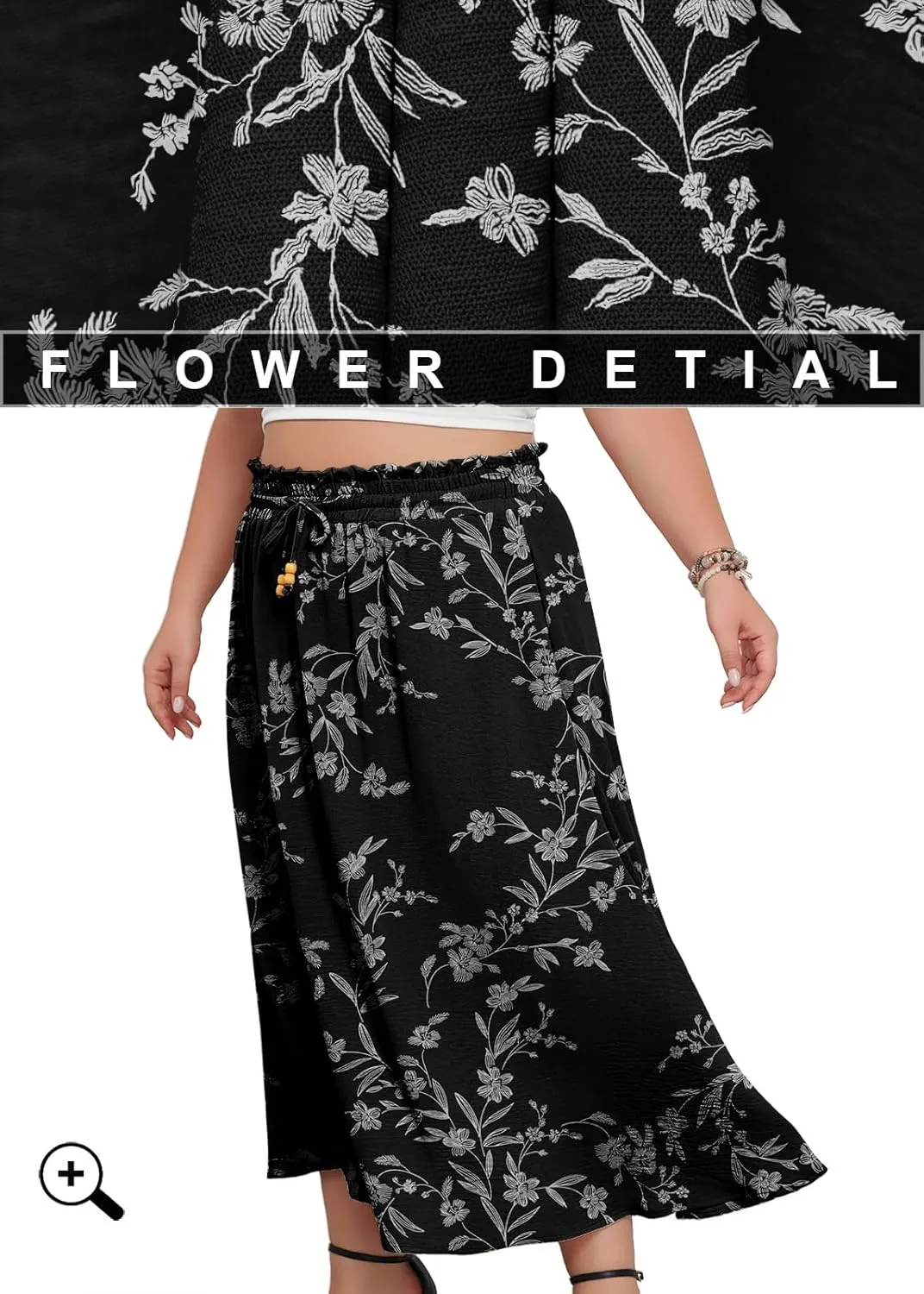 Lastshe Plus Size Maxi Skirts for Women Summer Boho Pleated Elastic High Waist A-line Long Skirt with Pockets