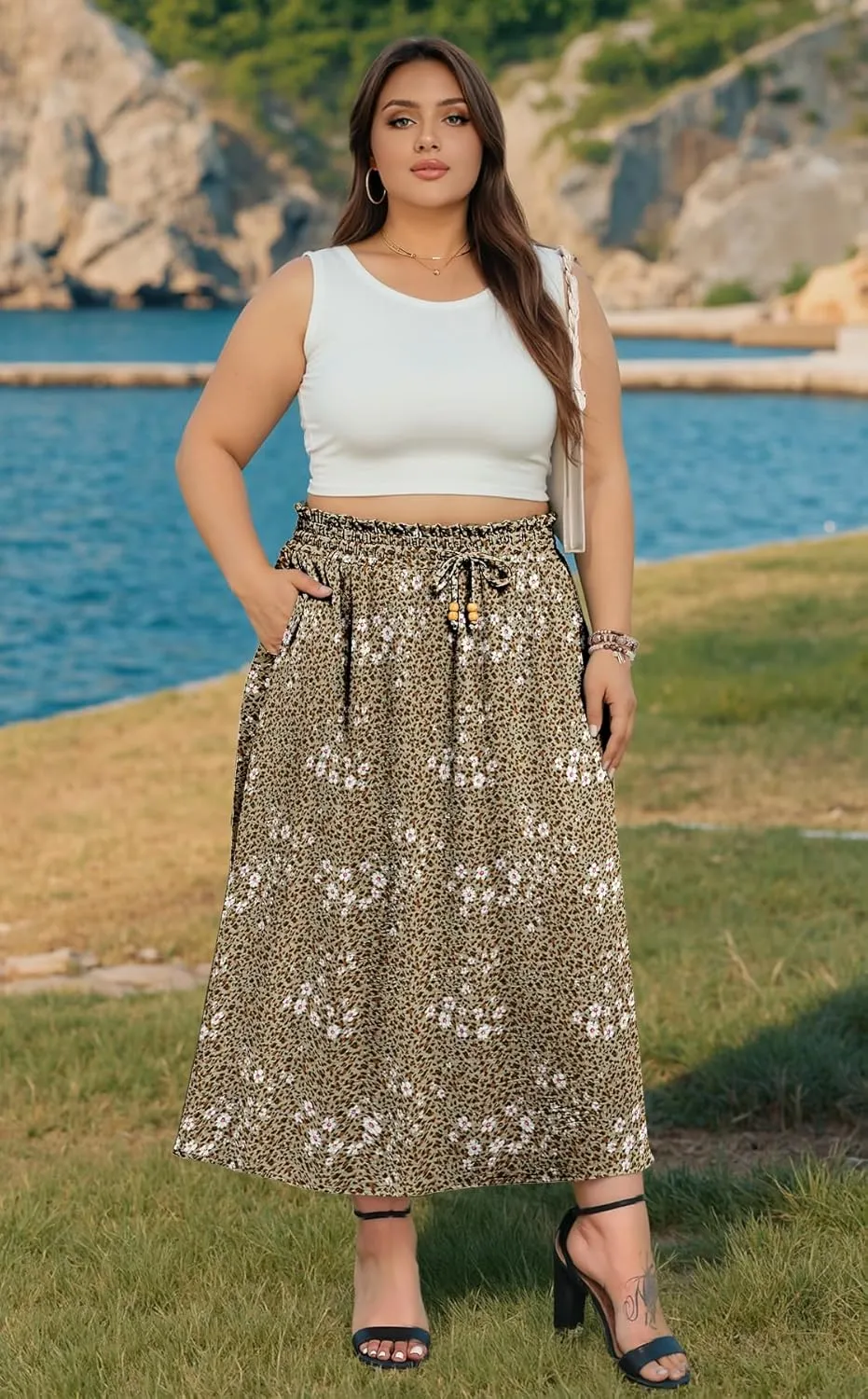 Lastshe Plus Size Maxi Skirts for Women Summer Boho Pleated Elastic High Waist A-line Long Skirt with Pockets