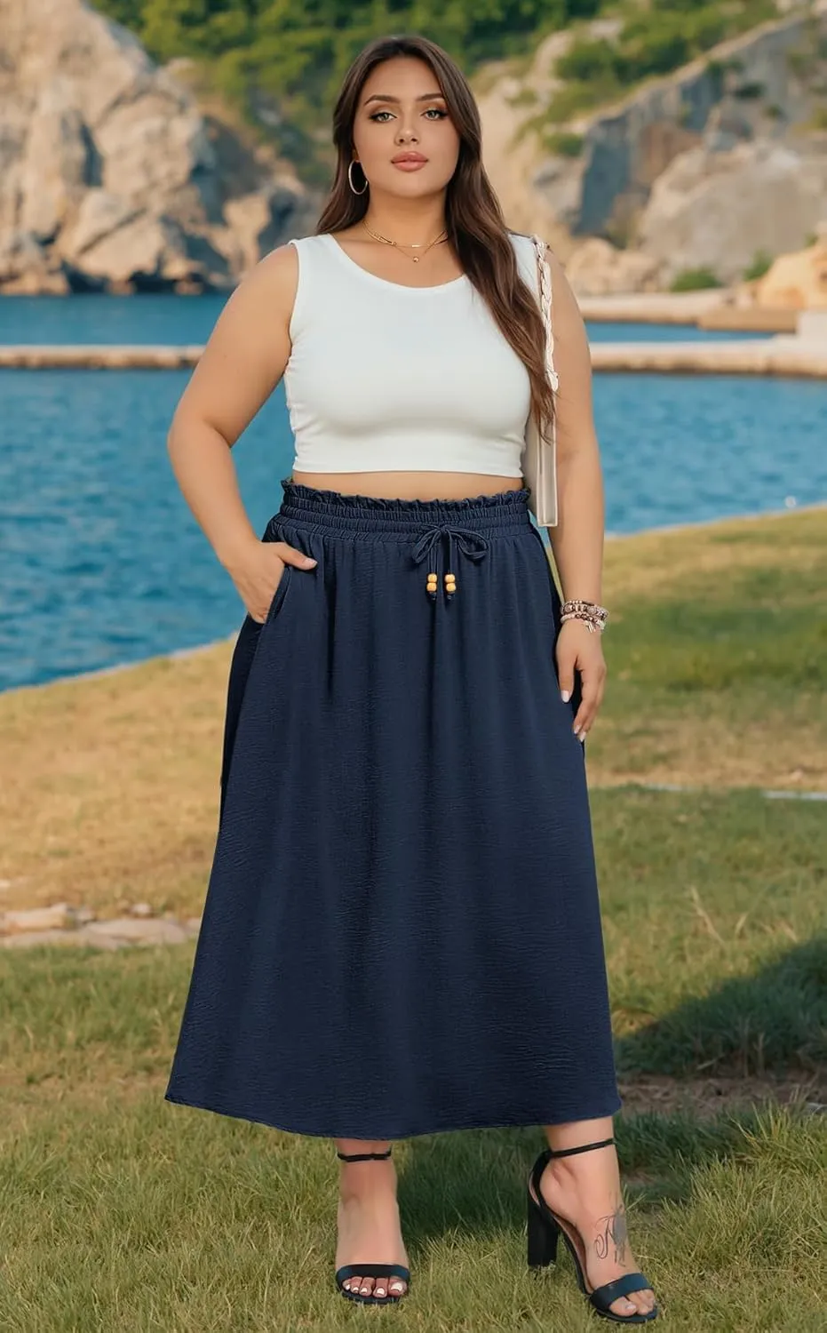 Lastshe Plus Size Maxi Skirts for Women Summer Boho Pleated Elastic High Waist A-line Long Skirt with Pockets
