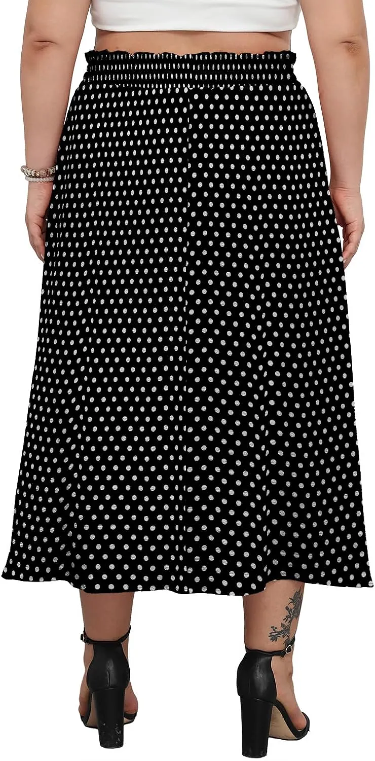 Lastshe Plus Size Maxi Skirts for Women Summer Boho Pleated Elastic High Waist A-line Long Skirt with Pockets