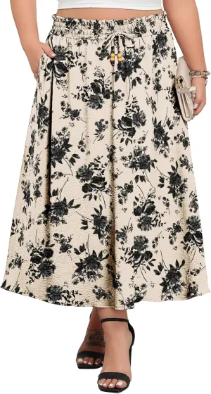 Lastshe Plus Size Maxi Skirts for Women Summer Boho Pleated Elastic High Waist A-line Long Skirt with Pockets