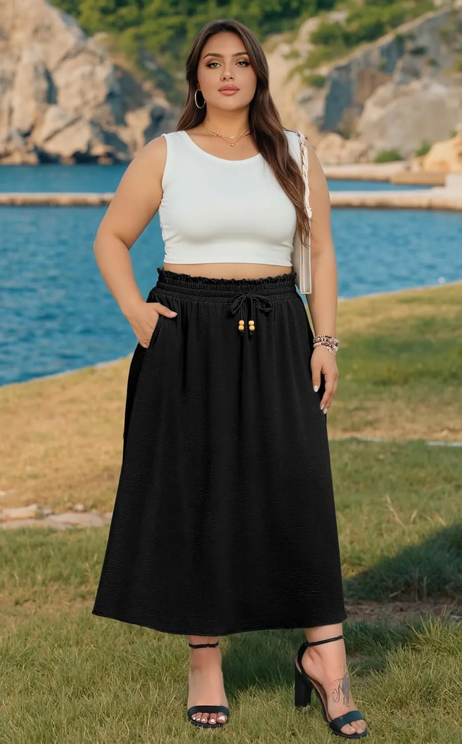 Lastshe Plus Size Maxi Skirts for Women Summer Boho Pleated Elastic High Waist A-line Long Skirt with Pockets