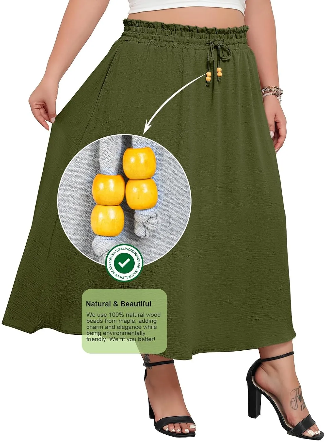 Lastshe Plus Size Maxi Skirts for Women Summer Boho Pleated Elastic High Waist A-line Long Skirt with Pockets