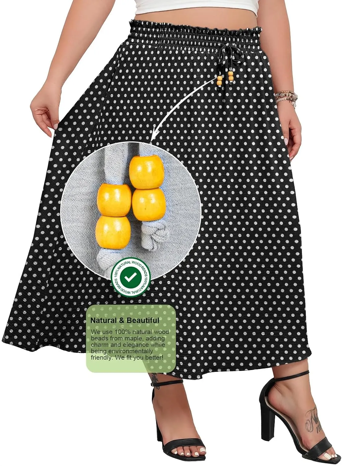 Lastshe Plus Size Maxi Skirts for Women Summer Boho Pleated Elastic High Waist A-line Long Skirt with Pockets