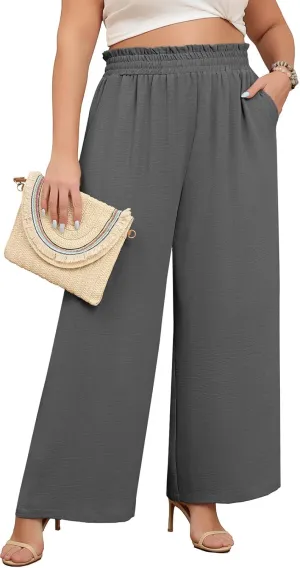 Lastshe Women's Plus Size Wide Leg Pants Elastic Waist Hide Drawstring Loose Work Pants Palazzo Trousers with Pockets
