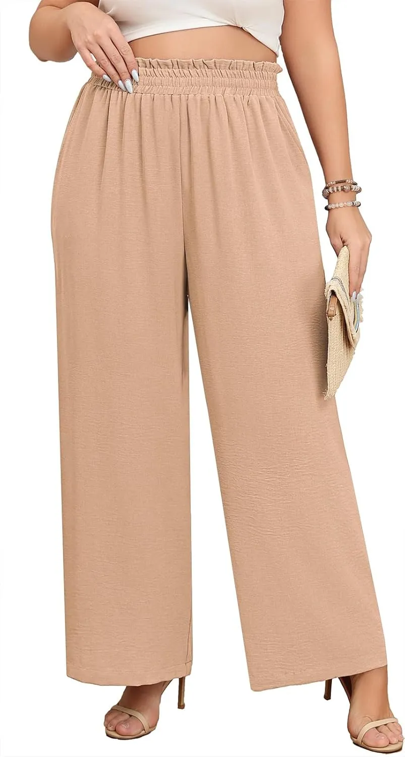 Lastshe Women's Plus Size Wide Leg Pants Elastic Waist Hide Drawstring Loose Work Pants Palazzo Trousers with Pockets