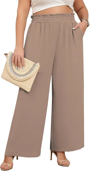 Lastshe Women's Plus Size Wide Leg Pants Elastic Waist Hide Drawstring Loose Work Pants Palazzo Trousers with Pockets