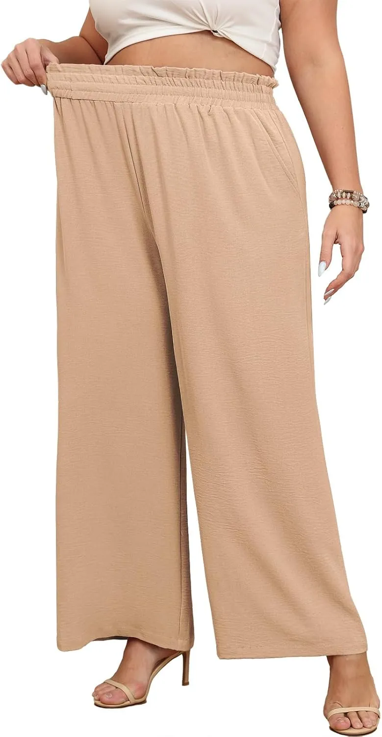 Lastshe Women's Plus Size Wide Leg Pants Elastic Waist Hide Drawstring Loose Work Pants Palazzo Trousers with Pockets