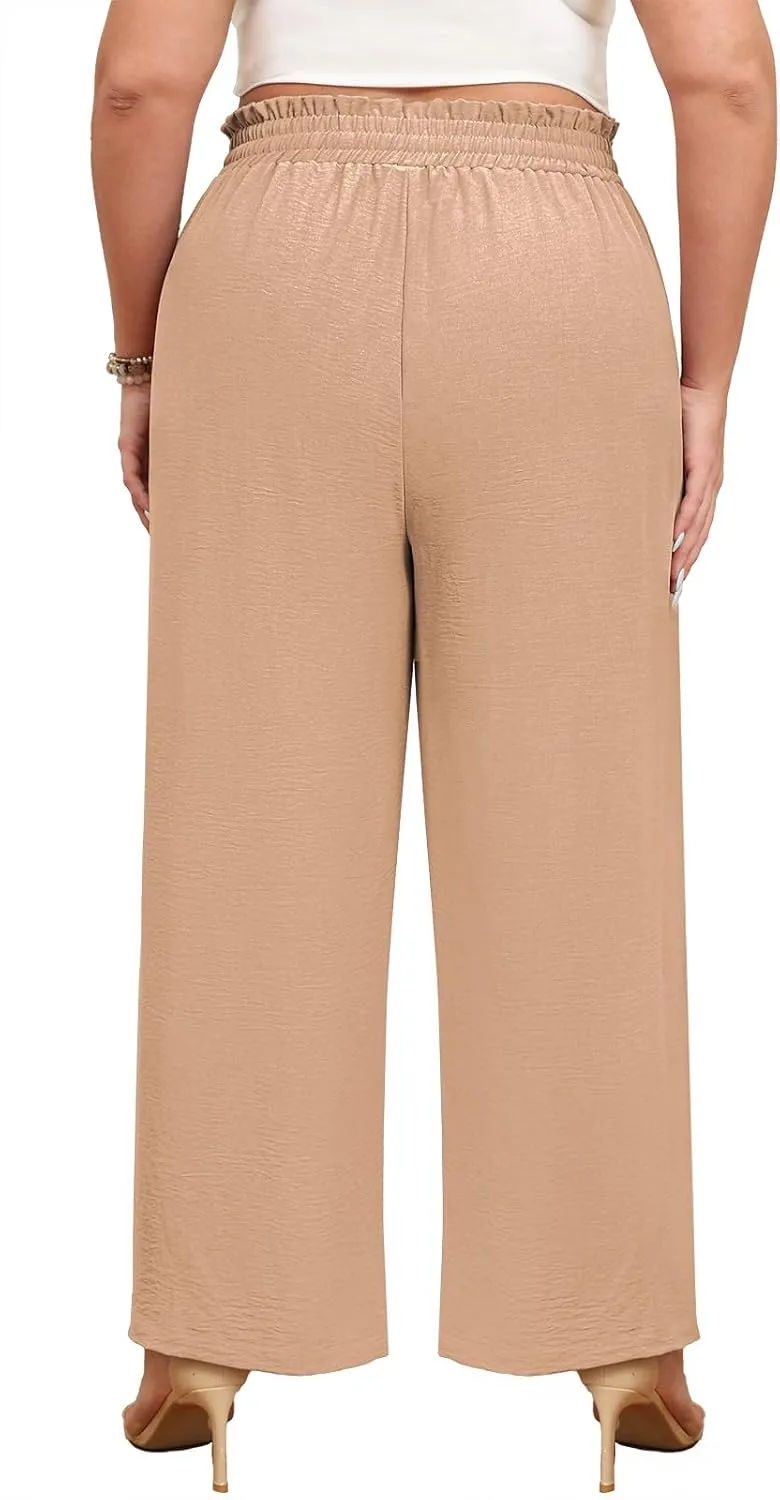 Lastshe Women's Plus Size Wide Leg Pants Elastic Waist Hide Drawstring Loose Work Pants Palazzo Trousers with Pockets