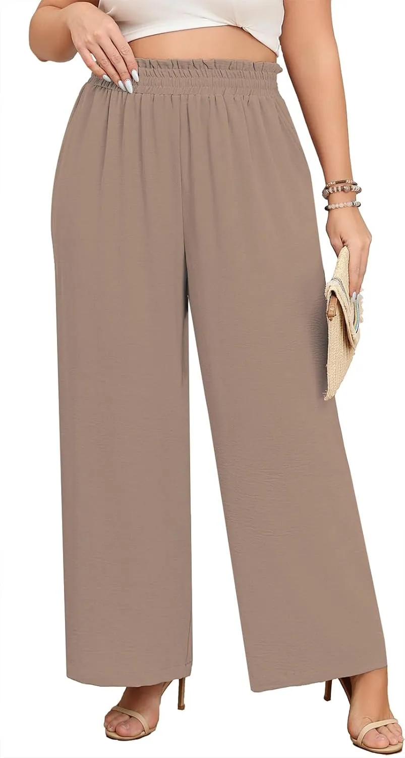 Lastshe Women's Plus Size Wide Leg Pants Elastic Waist Hide Drawstring Loose Work Pants Palazzo Trousers with Pockets